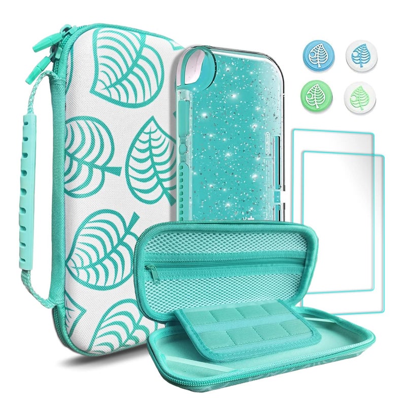 TIKOdirect Carrying Case for Switch lite, Shockproof Portable Travel Bag with Glitter Galaxy cover, Screen Protectors and Cute Leaf Thumb Grips Caps, Animal Crossing Green - Image 1